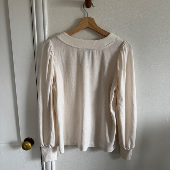LOFT V-Neck Knit Top with Ruched Sleeves - Cream / Bone size S - Picture 5 of 7